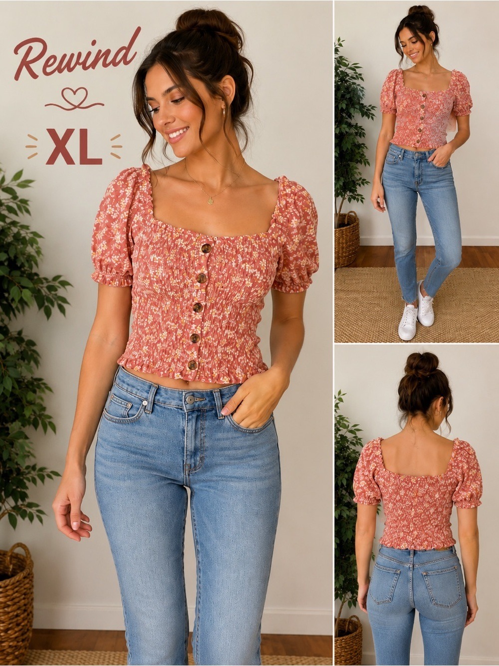 Rewind Smocked Floral Button Front Top – XL – NWT cropped length